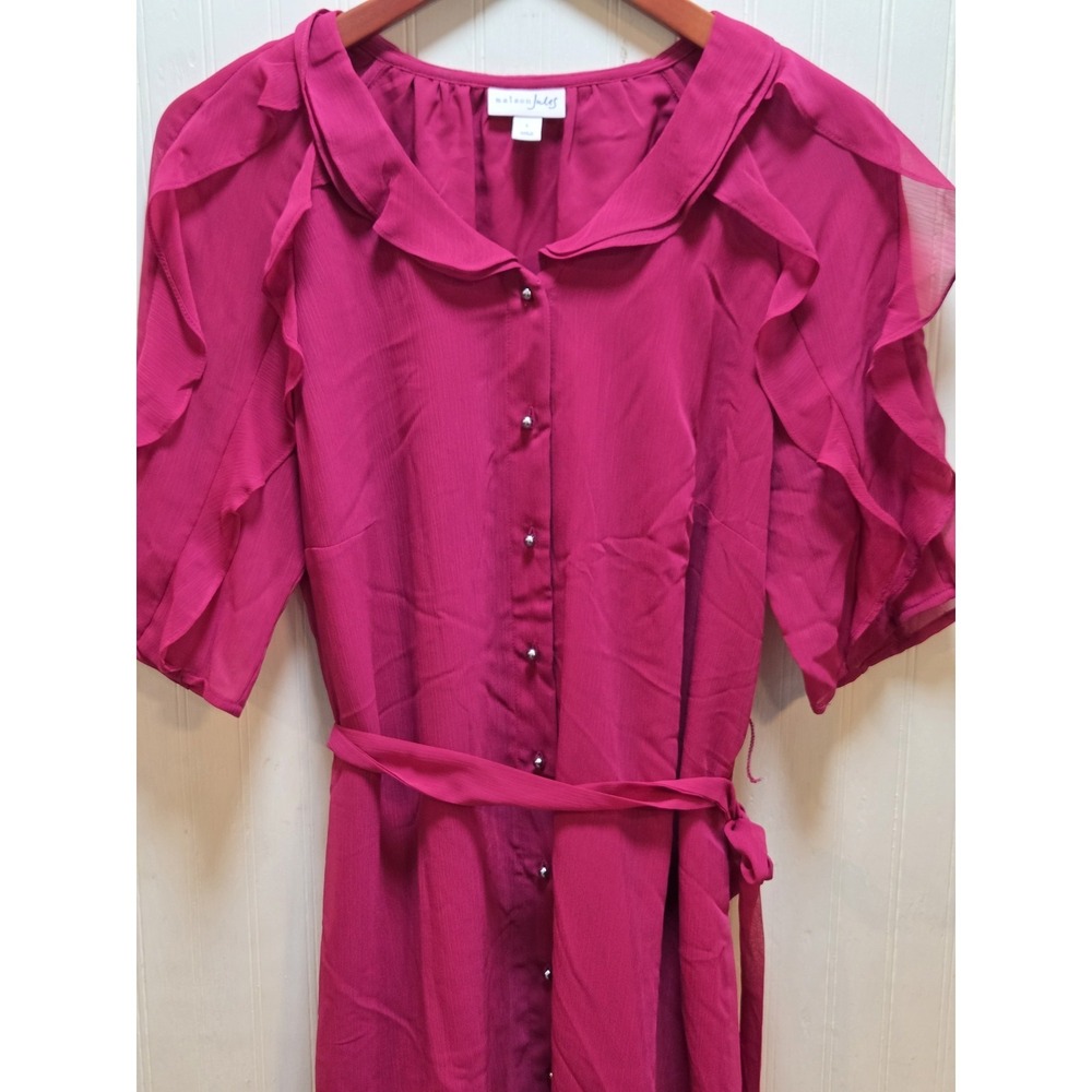 Maison Jules Dress Womens Large Pink Chiffon Belted Ruffle Shirt Knee Length